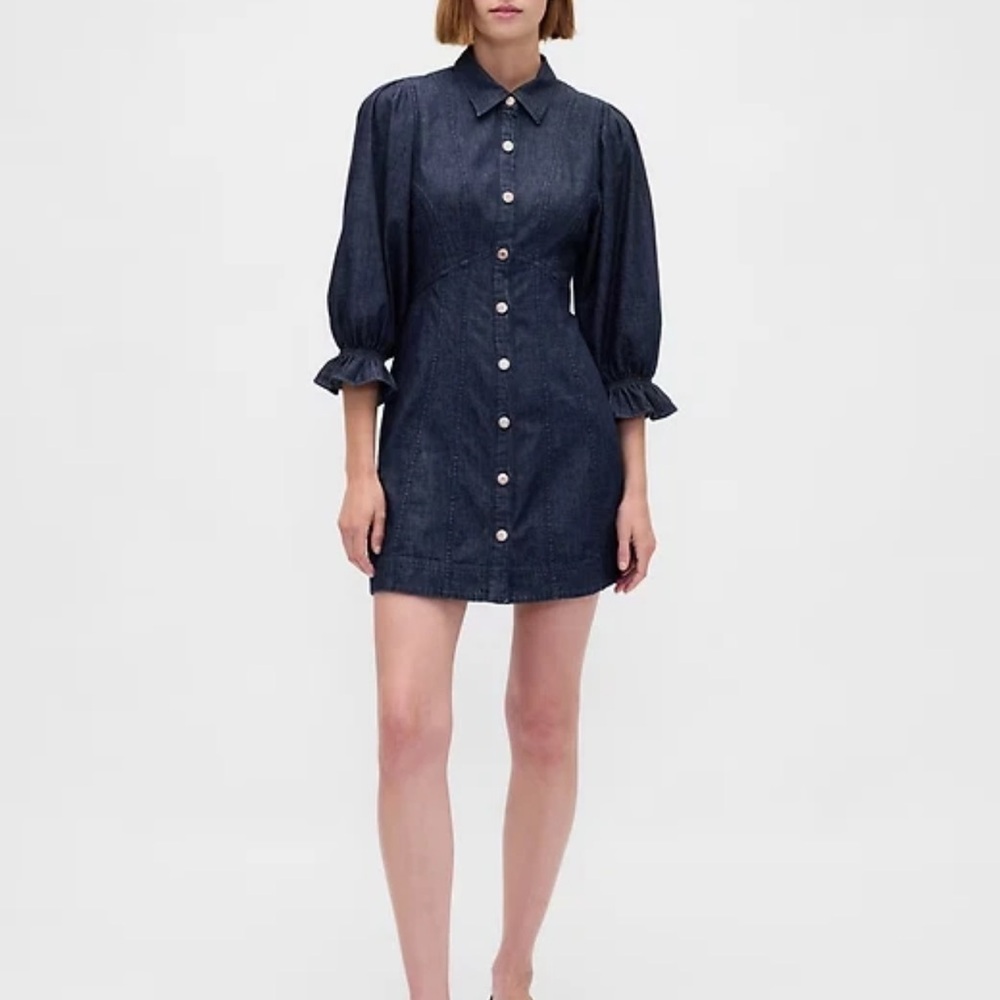 GAP Denim Puff-Sleeve Seamed Mini Dress